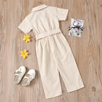 Girls Solid Short Sleeve Lapel Button Waistband Jumpsuit Girls clothing Wholesale - PrettyKid