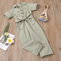 Girls Solid Short Sleeve Lapel Button Waistband Jumpsuit Girls clothing Wholesale - PrettyKid