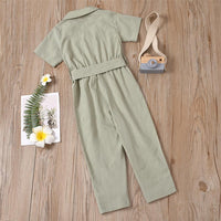 Girls Solid Short Sleeve Lapel Button Waistband Jumpsuit Girls clothing Wholesale - PrettyKid