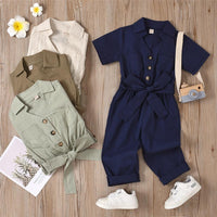 Girls Solid Short Sleeve Lapel Button Waistband Jumpsuit Girls clothing Wholesale - PrettyKid