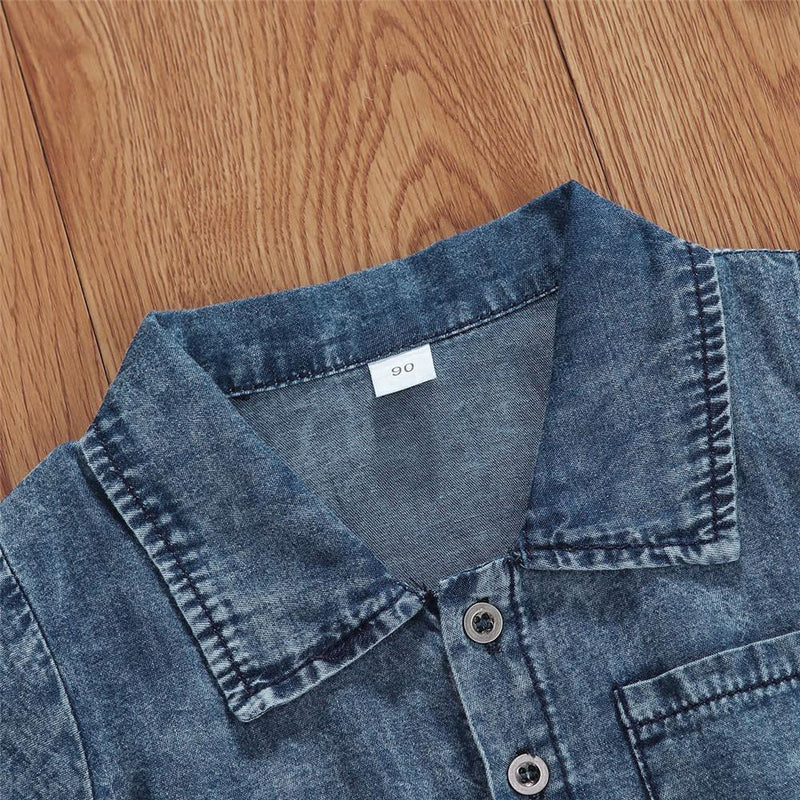 Girls Solid Short Sleeve Pocket Denim Jumpsuit Wholesale - PrettyKid