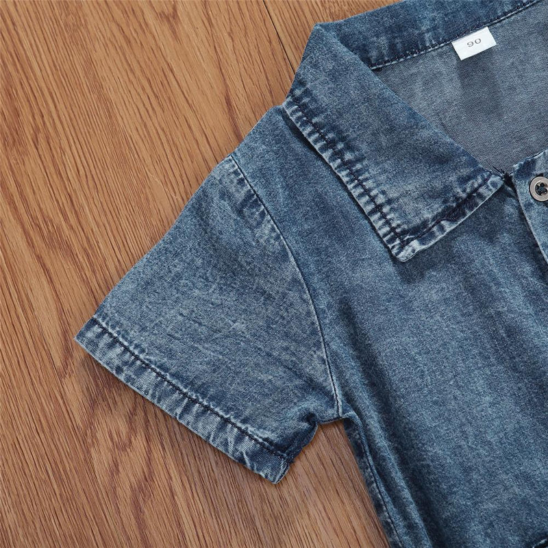 Girls Solid Short Sleeve Pocket Denim Jumpsuit Wholesale - PrettyKid