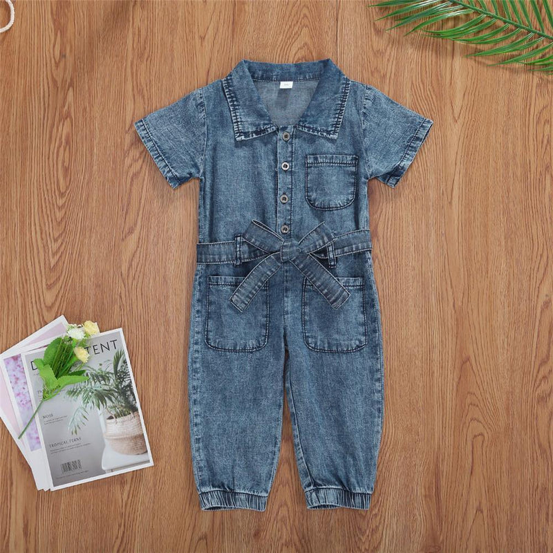 Girls Solid Short Sleeve Pocket Denim Jumpsuit Wholesale - PrettyKid