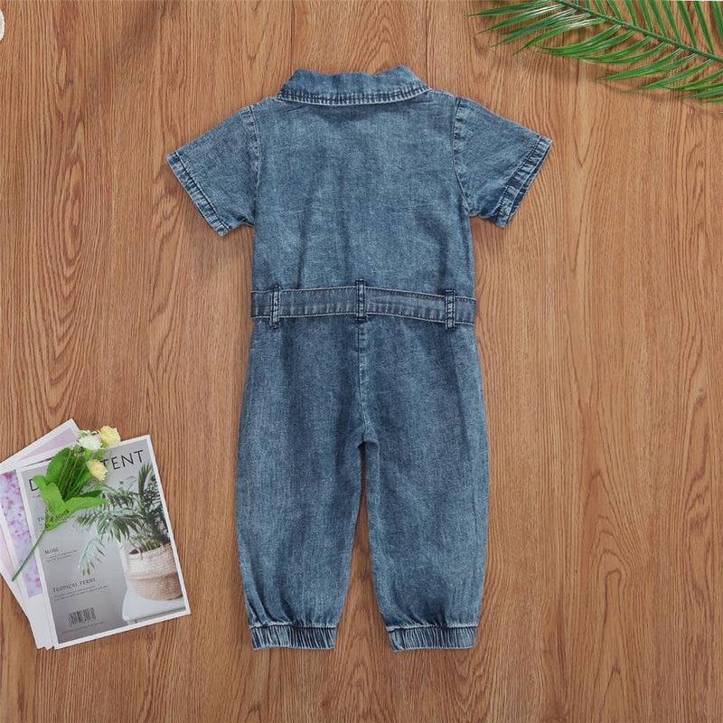 Girls Solid Short Sleeve Pocket Denim Jumpsuit Wholesale - PrettyKid