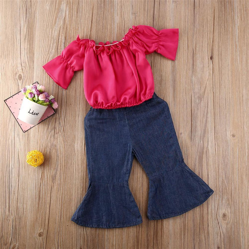 Girls Solid Short Sleeve Top & Bell Trousers Wholesale Girls Boutique clothes - PrettyKid