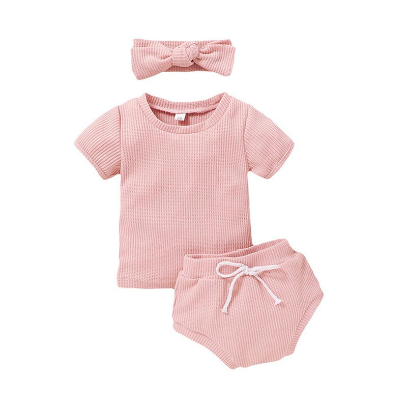 Baby Girls Solid Short Sleeve Top & Shorts & Headband Baby Clothes Suppliers - PrettyKid