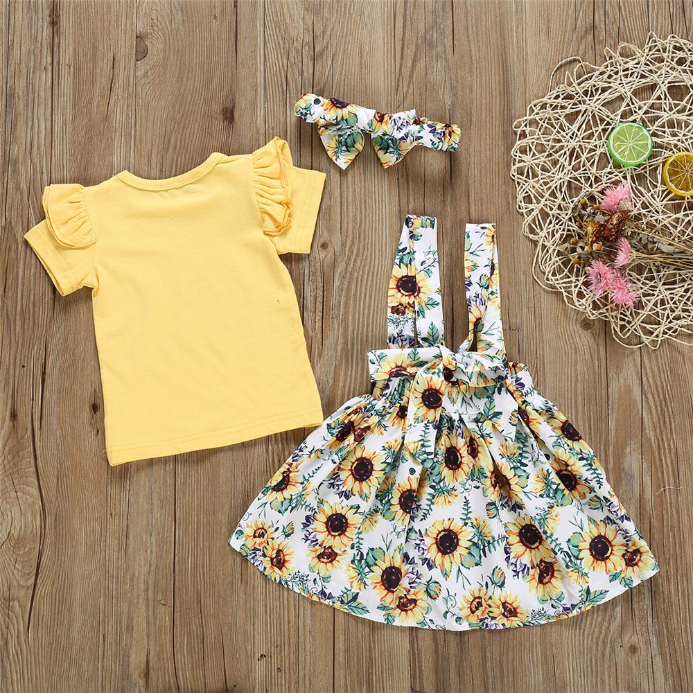Baby Girls Solid Short Sleeve Top & Sunflower Suspender Skirt & Headband Wholesale clothes Baby - PrettyKid