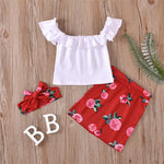 Girls Solid Sleeveless Ruffled Top & Floral Skirt & Headband Toddler Girls Wholesale - PrettyKid