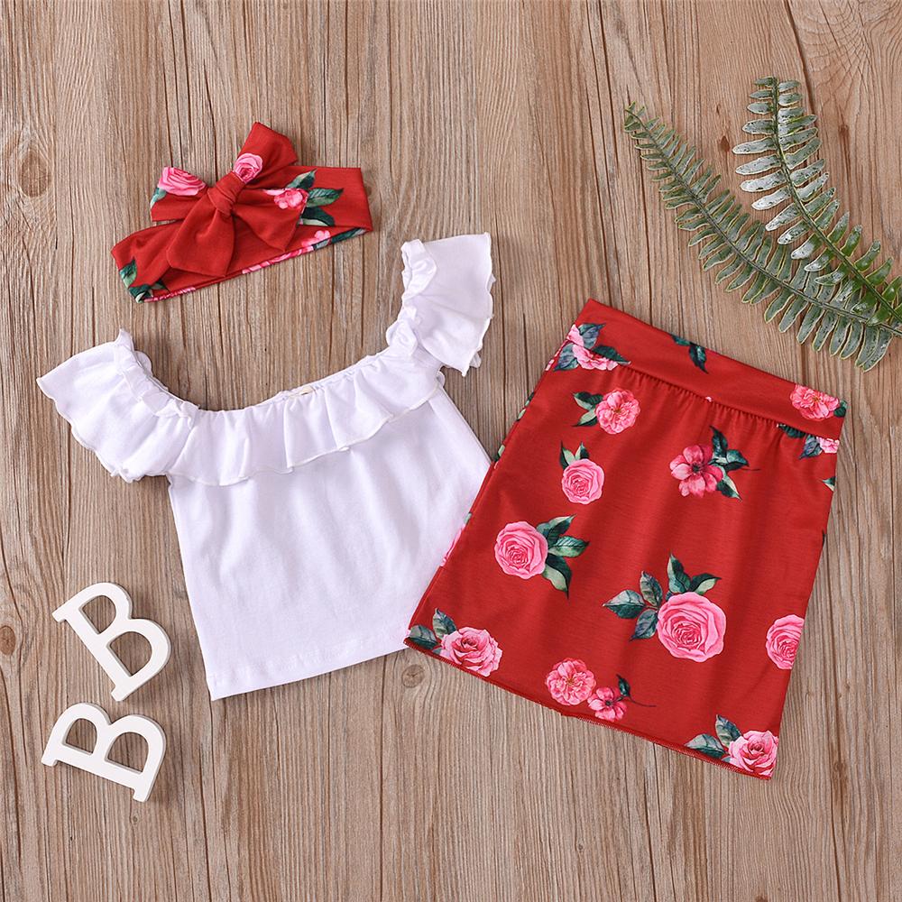 Girls Solid Sleeveless Ruffled Top & Floral Skirt & Headband Toddler Girls Wholesale - PrettyKid