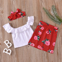Girls Solid Sleeveless Ruffled Top & Floral Skirt & Headband Toddler Girls Wholesale - PrettyKid