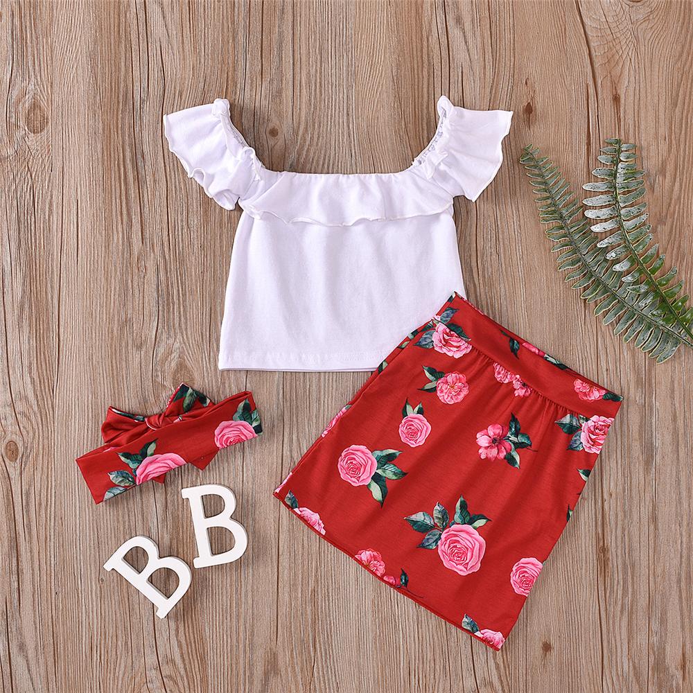 Girls Solid Sleeveless Ruffled Top & Floral Skirt & Headband Toddler Girls Wholesale - PrettyKid