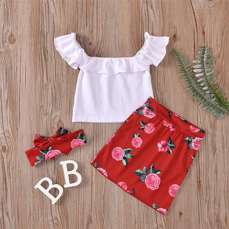 Girls Solid Sleeveless Ruffled Top & Floral Skirt & Headband Toddler Girls Wholesale - PrettyKid