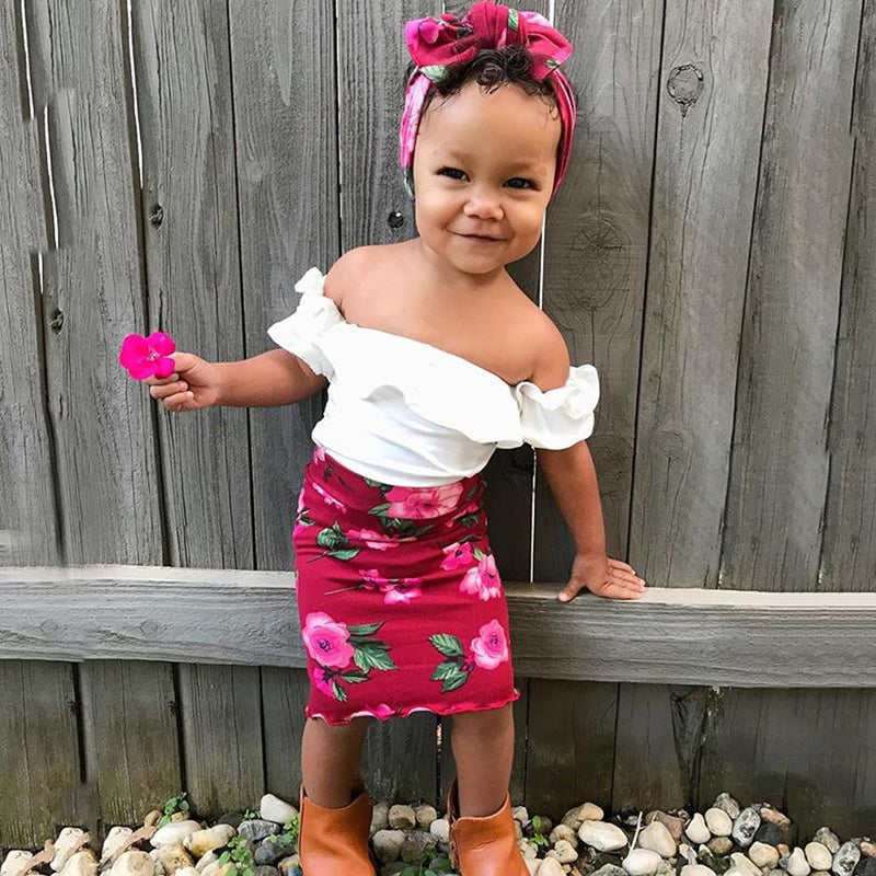 Girls Solid Sleeveless Ruffled Top & Floral Skirt & Headband Toddler Girls Wholesale - PrettyKid