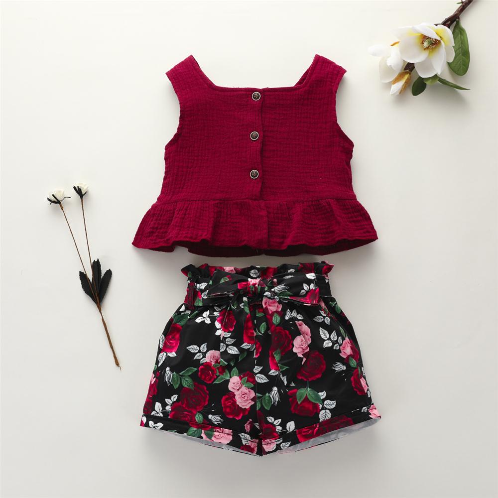Girls Solid Sleeveless Top & Floral Shorts Toddler Summer Suit Toddler Girls Wholesale - PrettyKid