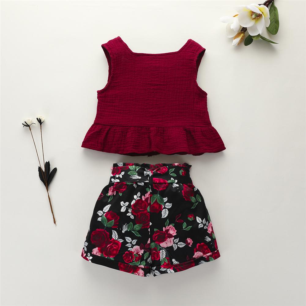 Girls Solid Sleeveless Top & Floral Shorts Toddler Summer Suit Toddler Girls Wholesale - PrettyKid