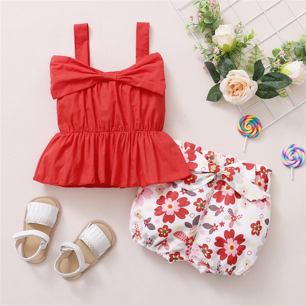 Toddler Girls Solid Sling Top & Floral Shorts wholesale baby and kids clothing - PrettyKid