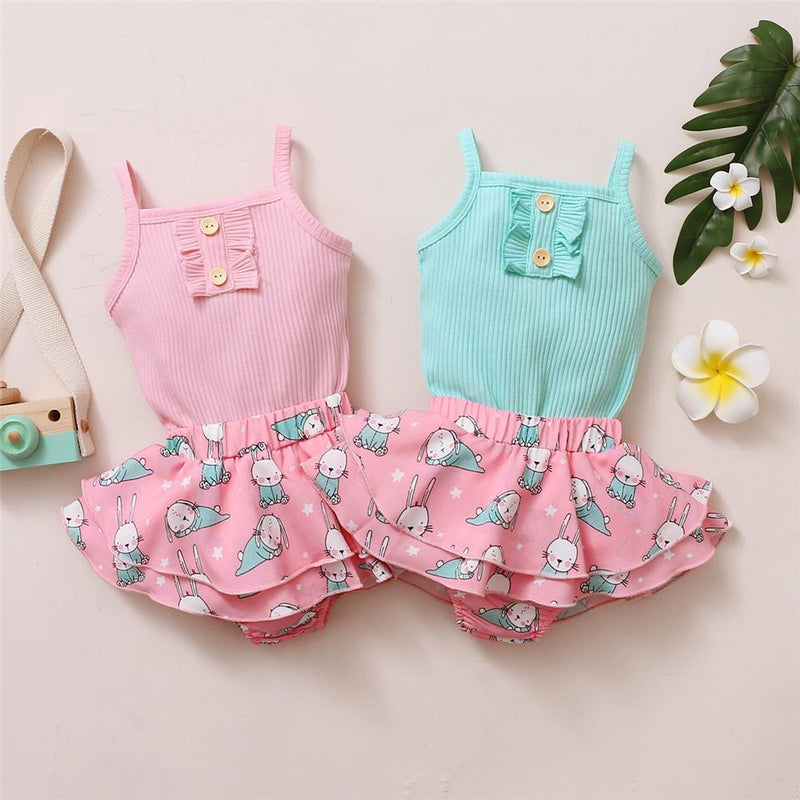 Baby Girls Solid Sling Top & Rabbit Shorts wholesale baby clothes manufacturers - PrettyKid