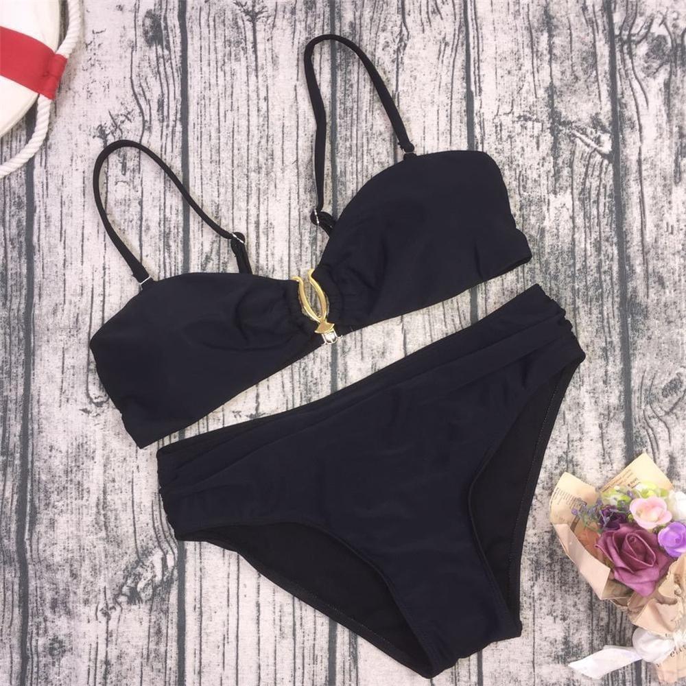 Women Solid Swimsuit Metal Buckle Bikini kids clothing distributor - PrettyKid