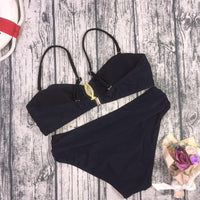 Women Solid Swimsuit Metal Buckle Bikini kids clothing distributor - PrettyKid