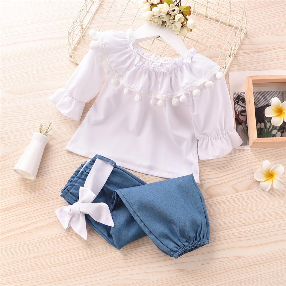 Girls Solid Tassel Long Sleeve Tops & Bow Trousers Little Girl Pants - PrettyKid