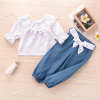 Girls Solid Tassel Long Sleeve Tops & Bow Trousers Little Girl Pants - PrettyKid