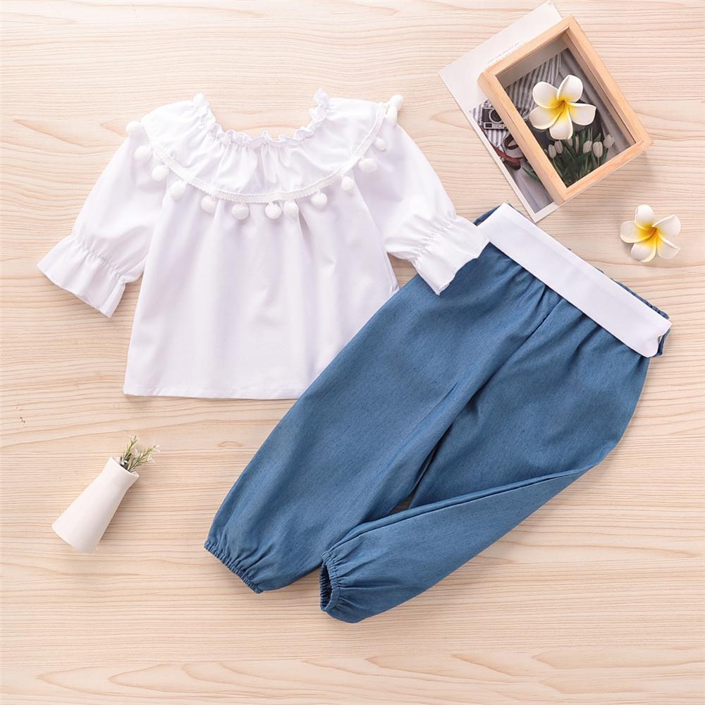 Girls Solid Tassel Long Sleeve Tops & Bow Trousers Little Girl Pants - PrettyKid