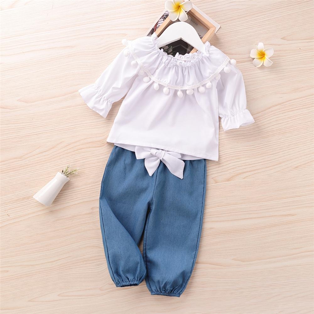 Girls Solid Tassel Long Sleeve Tops & Bow Trousers Little Girl Pants - PrettyKid