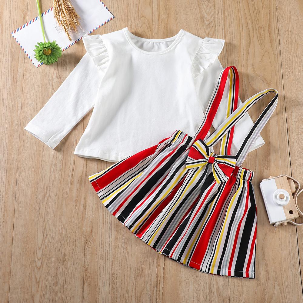 Baby Girls Solid Top & Striped Suspender Skirt Toddler Wholesale - PrettyKid
