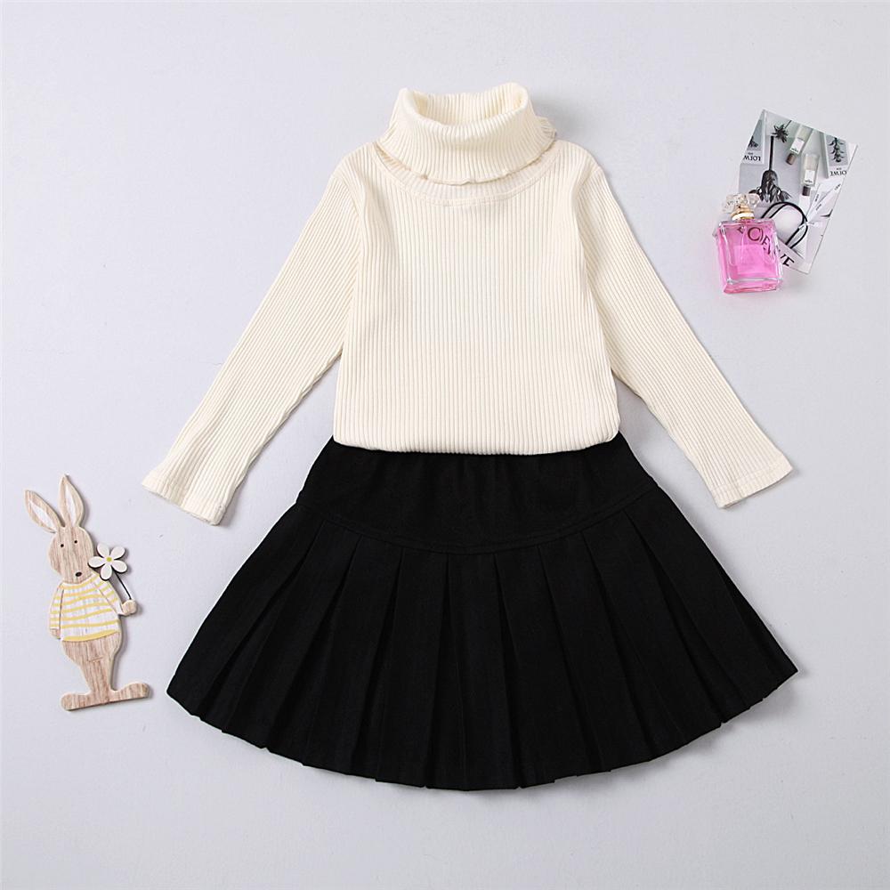 Girls Solid Turtleneck Long Sleeve Top & Pleated Skirt Wholesale Girl Clothing - PrettyKid