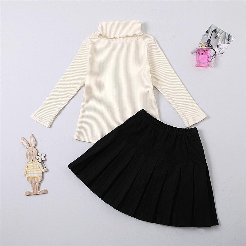 Girls Solid Turtleneck Long Sleeve Top & Pleated Skirt Wholesale Girl Clothing - PrettyKid