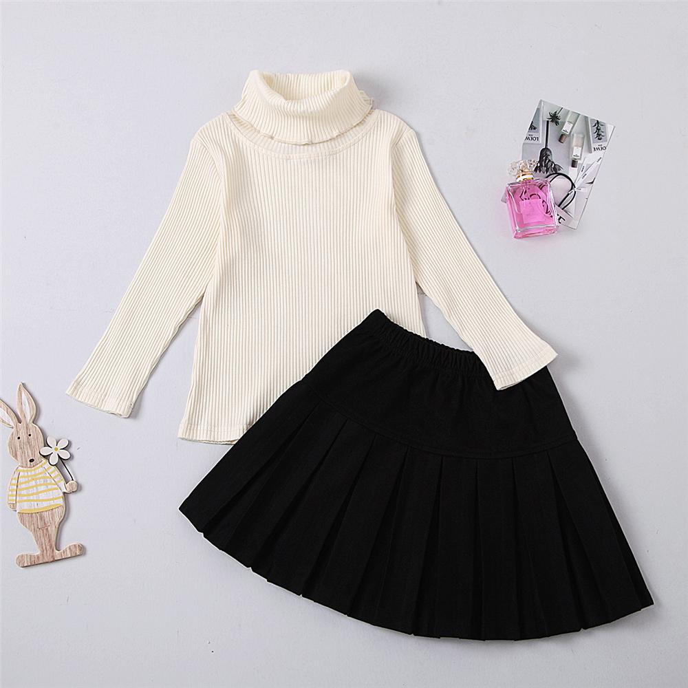 Girls Solid Turtleneck Long Sleeve Top & Pleated Skirt Wholesale Girl Clothing - PrettyKid