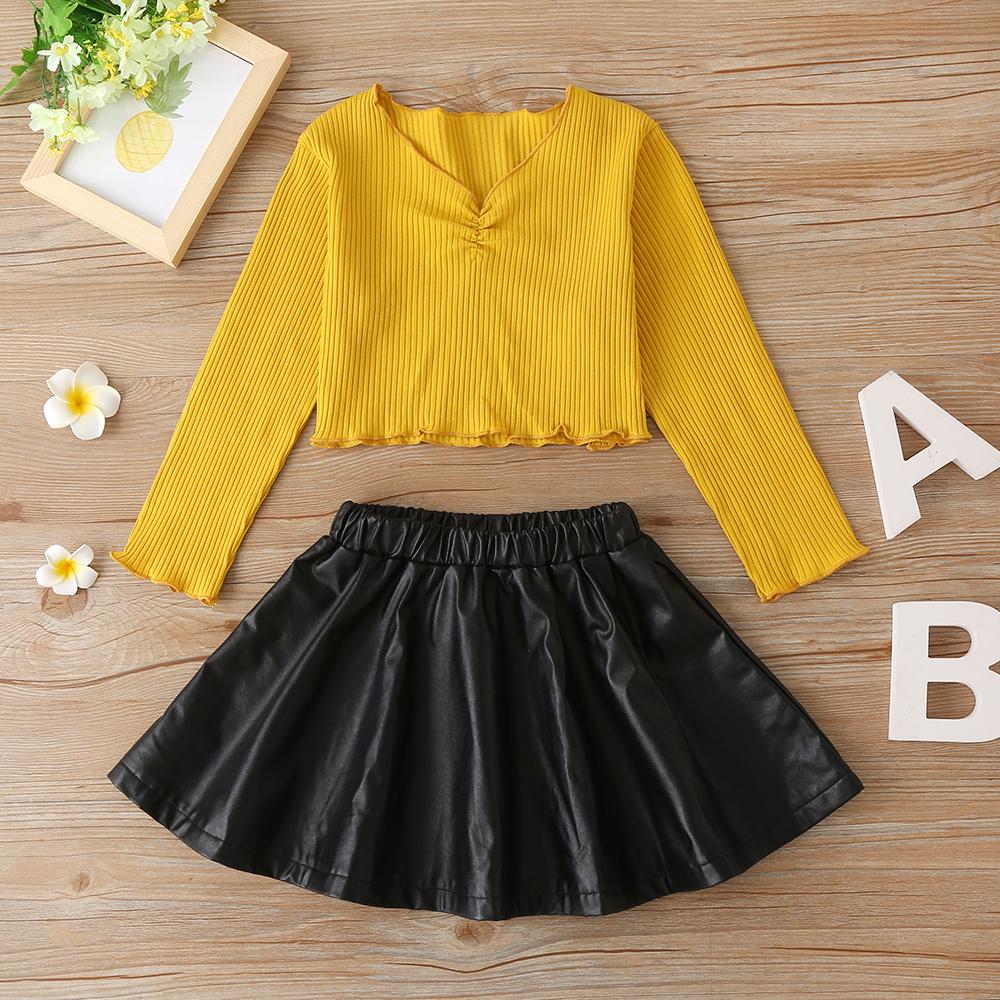 Girls Solid V-neck Long Sleeve Top & PU Skirt Wholesale Baby Girl Clothes - PrettyKid