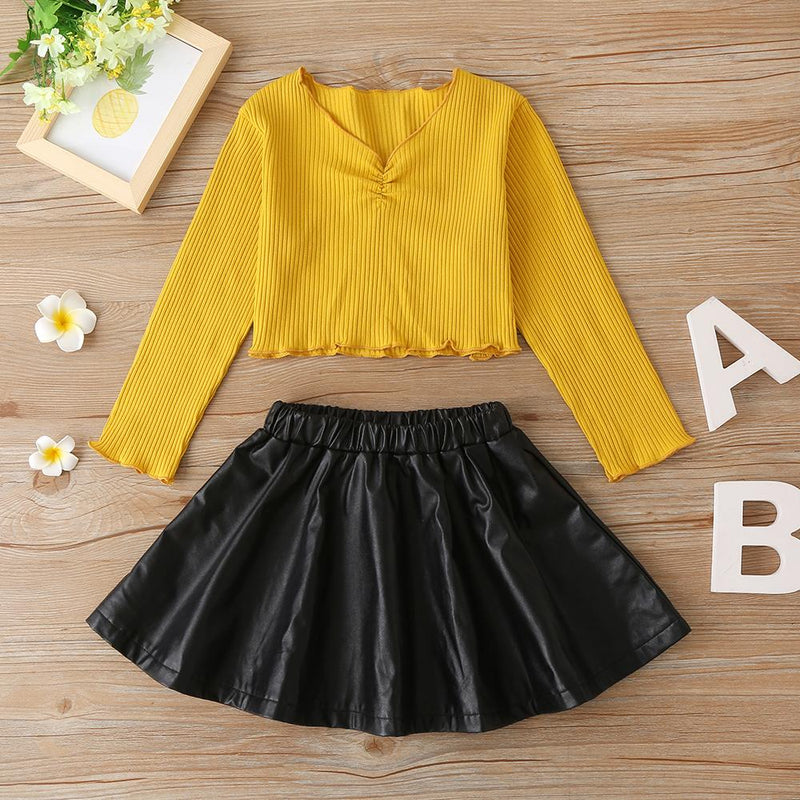 Girls Solid V-neck Long Sleeve Top & PU Skirt Wholesale Baby Girl Clothes - PrettyKid