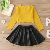 Girls Solid V-neck Long Sleeve Top & PU Skirt Wholesale Baby Girl Clothes - PrettyKid