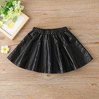 Girls Solid V-neck Long Sleeve Top & PU Skirt Wholesale Baby Girl Clothes - PrettyKid