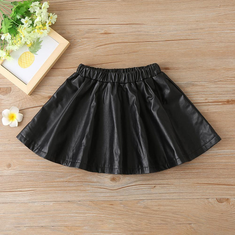 Girls Solid V-neck Long Sleeve Top & PU Skirt Wholesale Baby Girl Clothes - PrettyKid