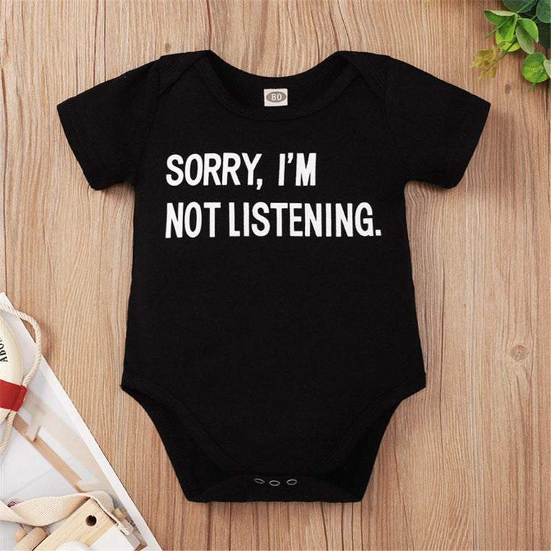 Baby Unisex Sorry I'am Not Listening Printed Short Sleeve Romper Wholesale Baby Rompers - PrettyKid
