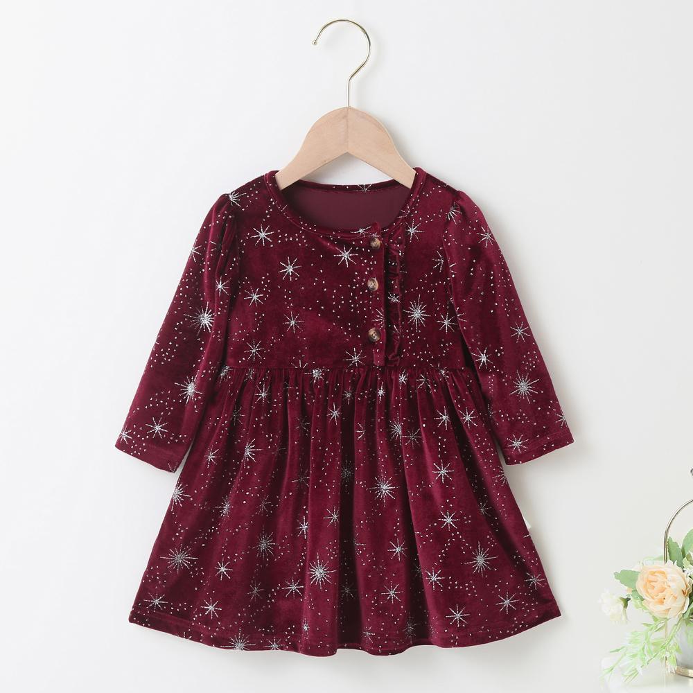 Baby Girls Star Crystal Button Long Sleeve Dress Baby Wholesales - PrettyKid