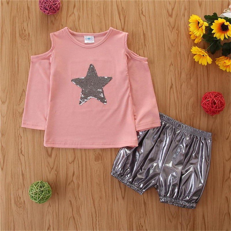 Girls Star Long Sleeve Solid Color Top & Shorts Wholesale Baby Outfits Girl - PrettyKid