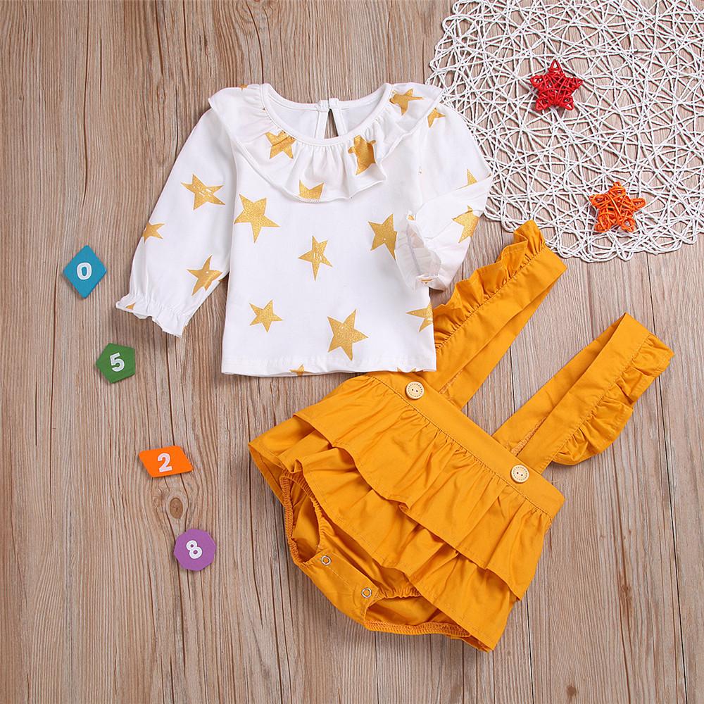 Baby Girls Star Printed Long Sleeve Tops & Romper Skirts - PrettyKid