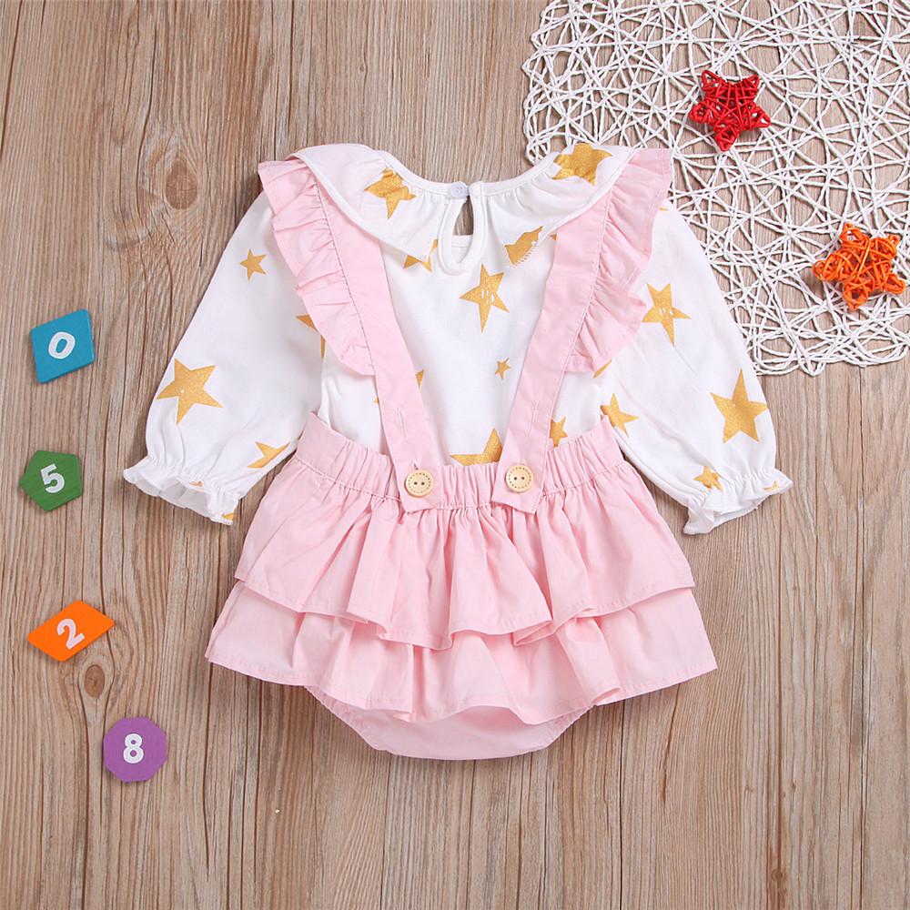 Baby Girls Star Printed Long Sleeve Tops & Romper Skirts - PrettyKid