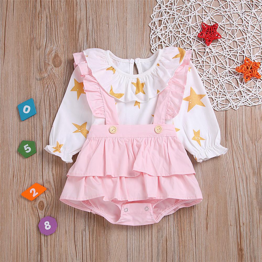 Baby Girls Star Printed Long Sleeve Tops & Romper Skirts - PrettyKid