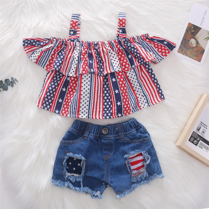 Girls Star Printed Sling Top & Denim Shorts Girl Boutique clothes Wholesale - PrettyKid