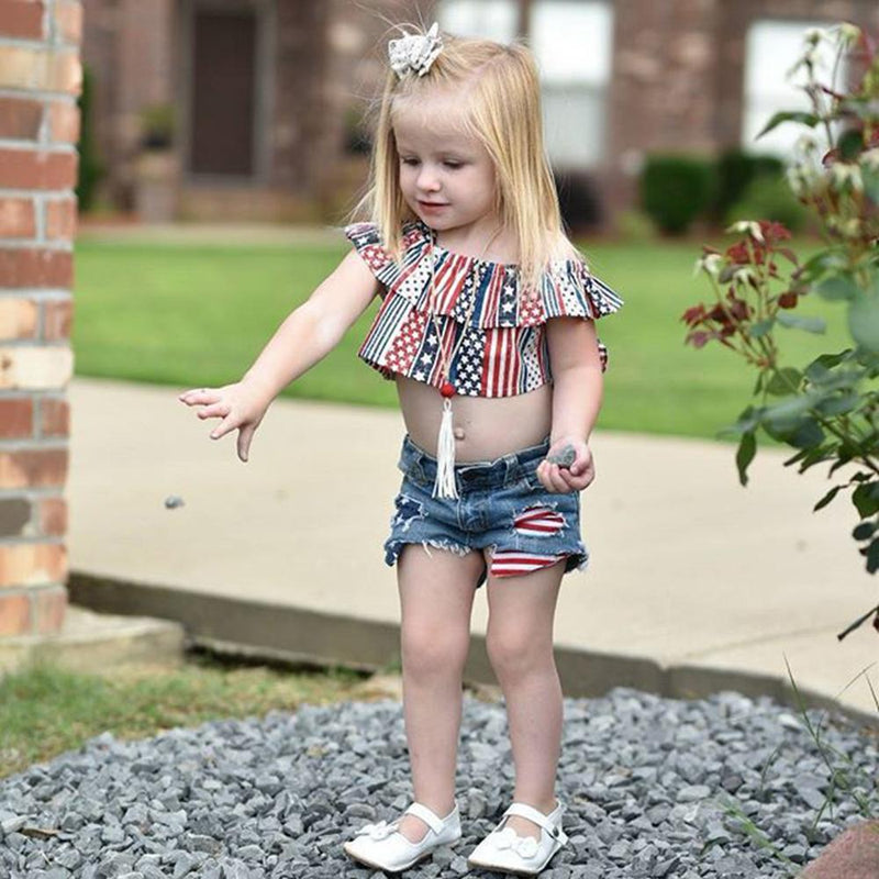 Girls Star Printed Sling Top & Denim Shorts Girl Boutique clothes Wholesale - PrettyKid