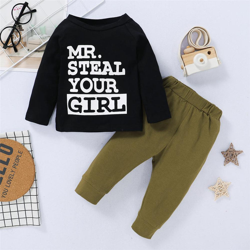 Boys Steal Your Girl Letter Printed Long Sleeve Top & Solid Pants Boy Boutique Clothing Wholesale - PrettyKid