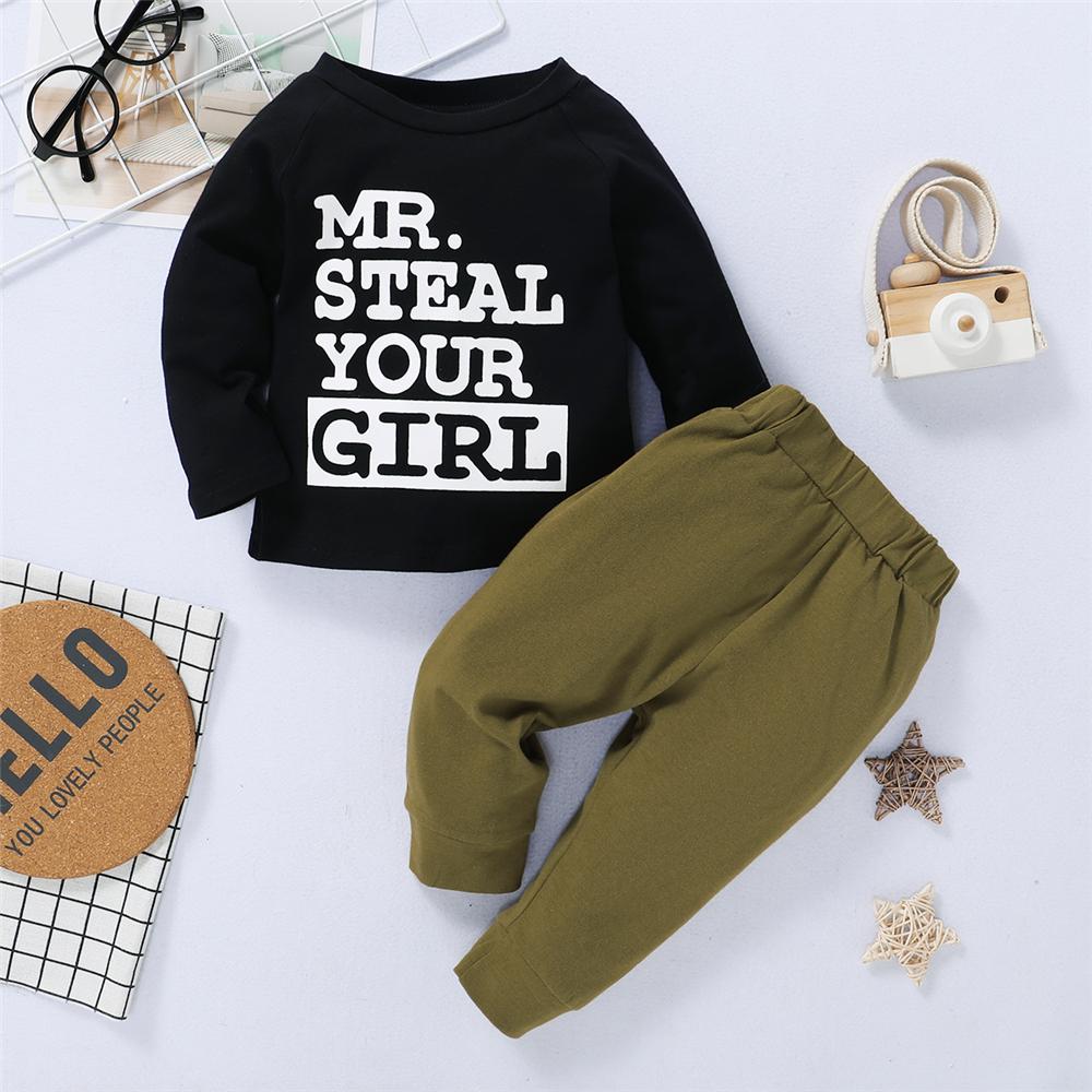 Boys Steal Your Girl Letter Printed Long Sleeve Top & Solid Pants Boy Boutique Clothing Wholesale - PrettyKid