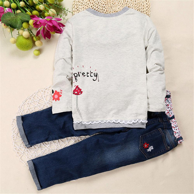 Girls Strawberry Letter Printed Long Sleeve Top & Cartoon Jeans Toddler Kids Wholesale Clothing - PrettyKid