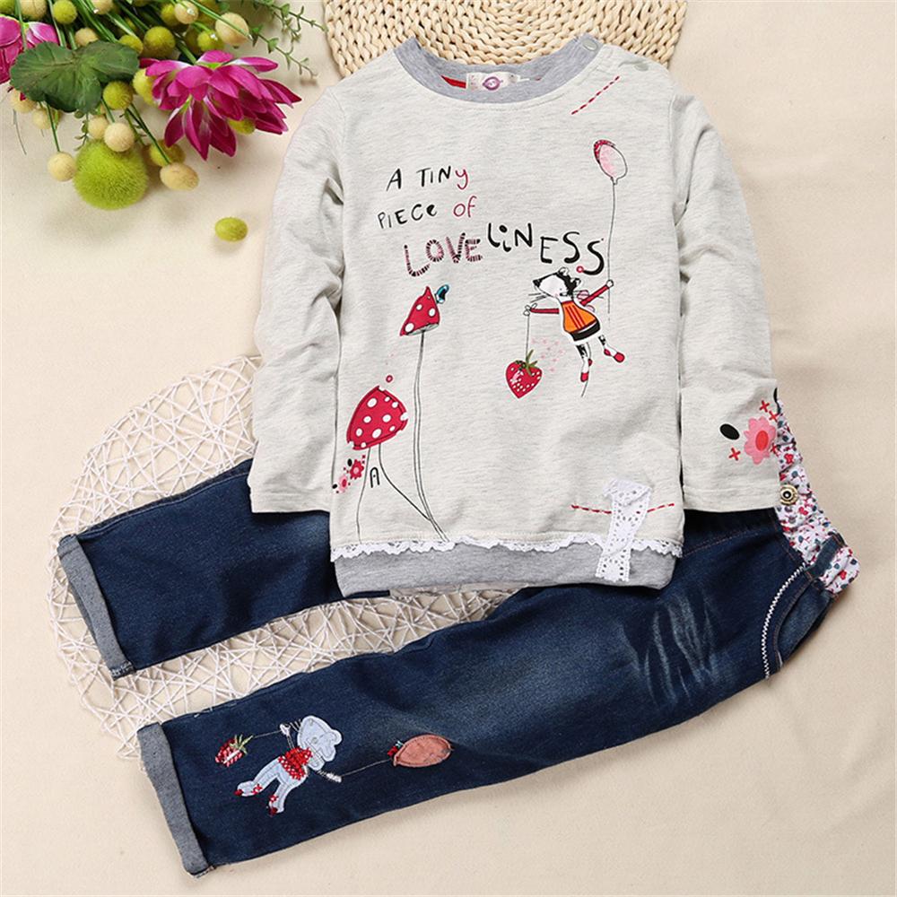 Girls Strawberry Letter Printed Long Sleeve Top & Cartoon Jeans Toddler Kids Wholesale Clothing - PrettyKid