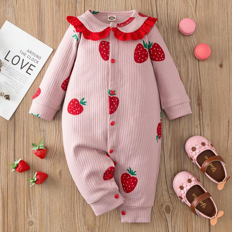 Baby Girls Strawberry Long Sleeve Romper Baby Clothes Wholesale Bulk - PrettyKid