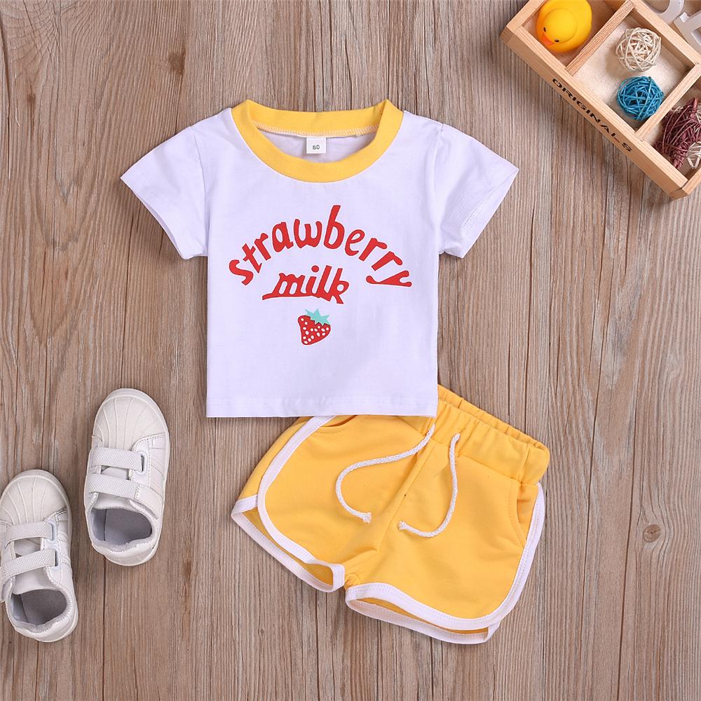 Girls Strawberry Milk Short Sleeve Top & Shorts Wholesale Childrens Clothing - PrettyKid